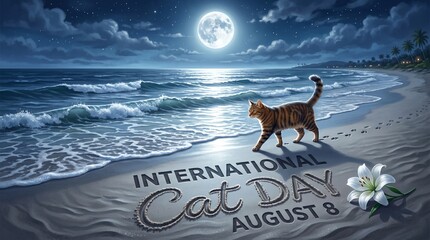 International cat day august 8th message on sandy beach under moonlight