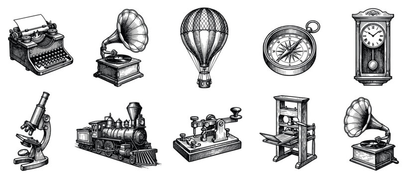 Vintage inventions icons set. Historical technology and discovery concept. Includes typewriter, gramophone, hot air balloon, compass, pendulum clock, microscope, steam train, telegraph,