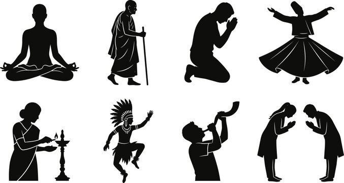 Set of eight black religious and cultural traditions silhouette icons