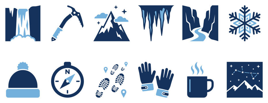 Winter adventure icons set. Outdoor exploration and cold weather activities concept. Includes waterfall, ice axe, mountain, icicles, canyon, snowflake, winter hat, compass, footprints,