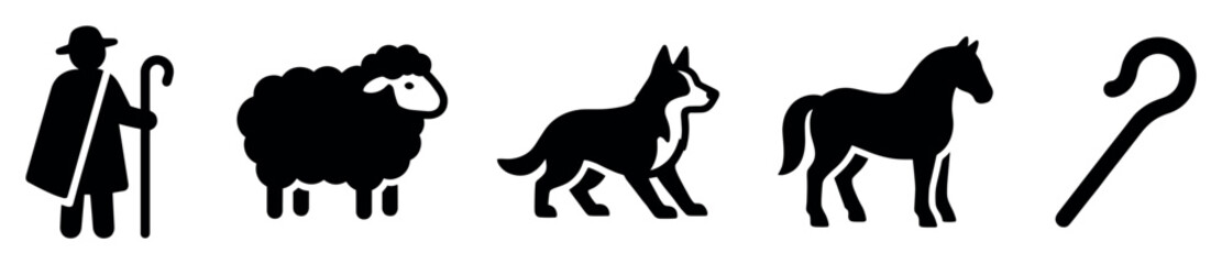 Obraz premium Farm animal icons set. Agriculture and livestock concept. Includes shepherd, sheep, dog, horse, shepherd's crook. Solid black silhouette style
