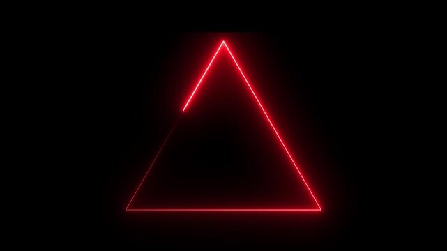 Neon triangle frame icon animation glowing red color line triangle shape on black background