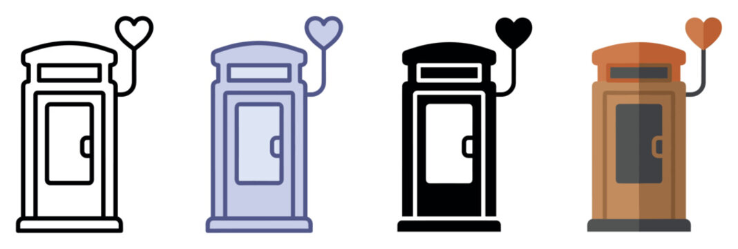 Mailbox icons set. Love and communication concept. Includes postbox, letterbox, heart, mail slot, door, handle. Flat and line style