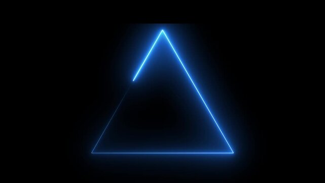 Neon triangle frame icon animation glowing blue color line triangle shape on black background