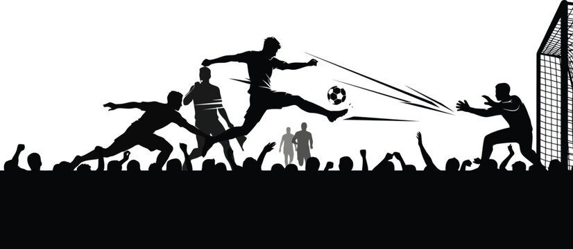 Silhouette of soccer players in action kicking ball into goal isolated on white background with crowd cheering