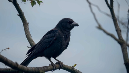 Obraz premium Black Crow Perched On A Branch Against A Clear Sky