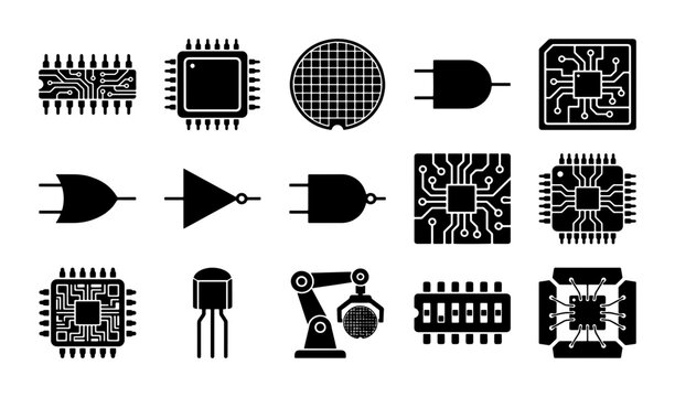 Semiconductor manufacturing icons set, microchip and electronic circuit symbols, 15 black solid vector elements for hardware engineering