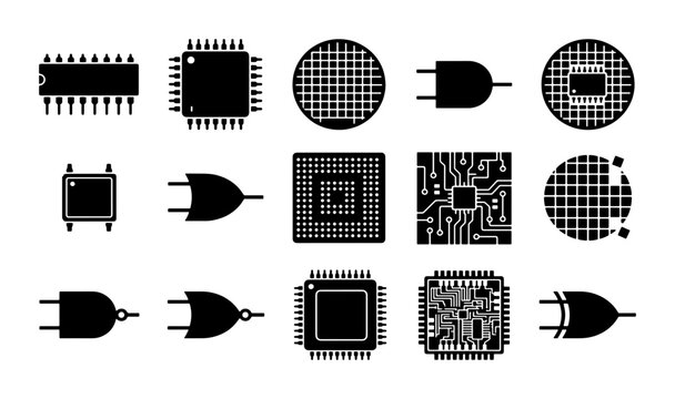 Electronic microchip and semiconductor icons set, 15 black vector silhouettes of computer processors, logic gates and circuit board components