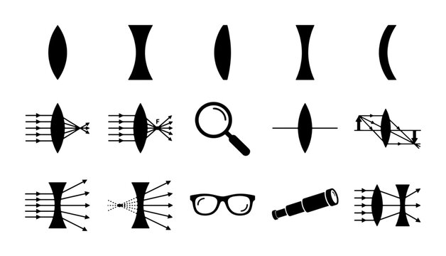 Optical lens icons and physics diagrams, convex and concave lens set for science education, light refraction and focal point vector illustrations