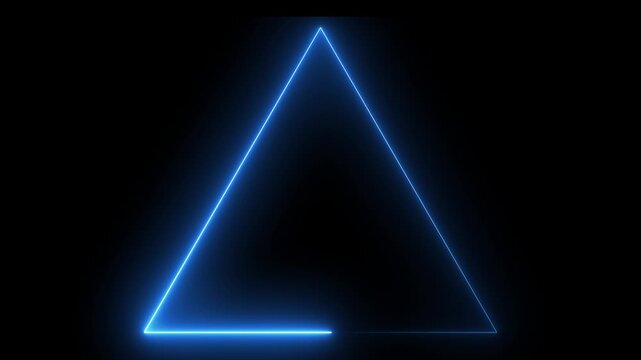 Neon triangle frame icon animation glowing blue color line triangle shape on black background