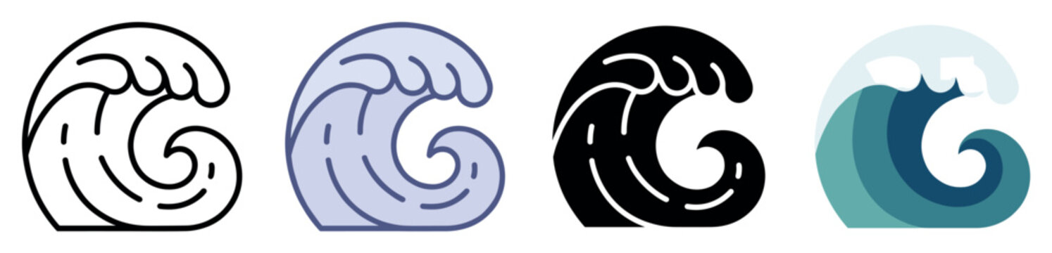 Ocean wave icons set. Water and sea movement concept. Includes breaking wave, curling wave, rolling wave, cresting wave, tidal wave, surf wave. Flat and line style