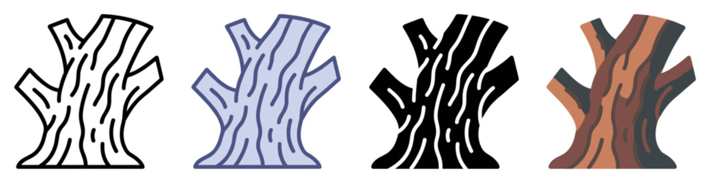 Tree trunk icons set. Nature and forest elements concept. Includes tree stump, bark texture, cut wood, natural growth, forest plant, wooden base. Flat and line style
