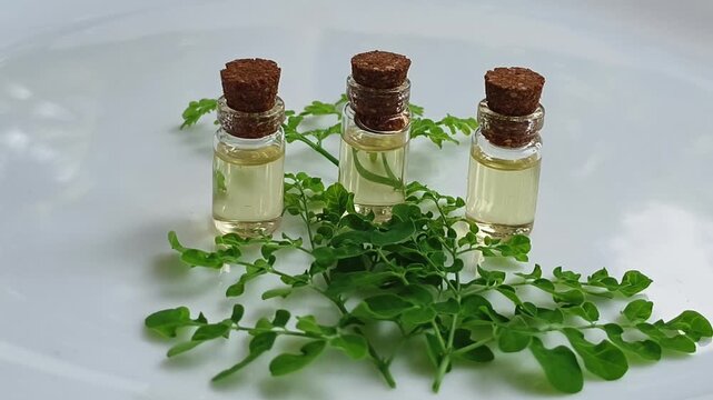 Drumstick malunggay, moringa or kelor leaves extract syrup, essence or herbal oil inside small glass bottle isolated on white table. Traditional natural ayurvedic treatment medicine. Closeup view.