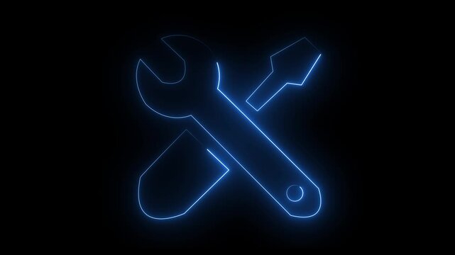 Abstract glowing blue neon line icon animation of crossed wrench and screwdriver tools for technical support or settings on a pitch-black background.