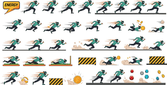 Ninja character sprite sheet vector set with fast running dashing jumping over obstacles collecting coins and energy items game assets