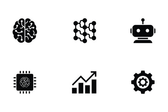 Collection of six conceptual icons representing artificial intelligence technology and data analysis concepts