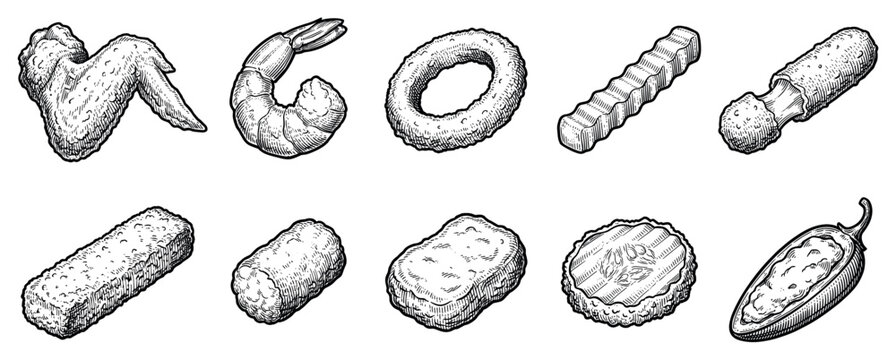 Fast food snacks icons set. Deep-fried appetizers concept. Includes chicken wing, fried shrimp, onion ring, french fry, mozzarella stick, fish stick, tater tot, chicken nugget, pickle chip,