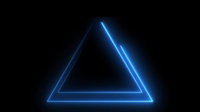 Neon triangle frame icon animation glowing blue color line triangle shape on black background