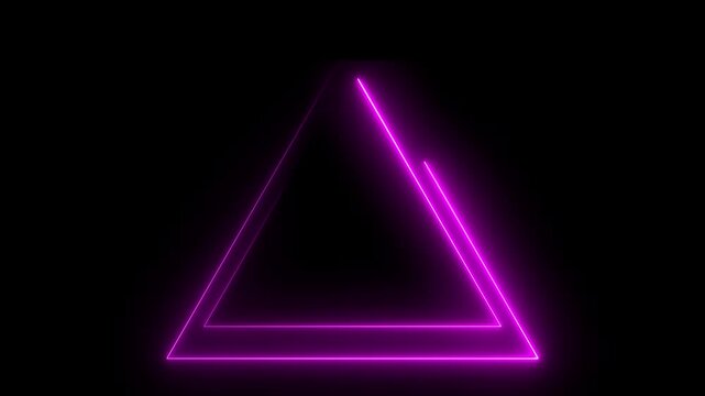 Neon triangle frame icon animation glowing pink color line triangle shape on black background