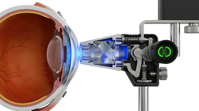 Highly Detailed 3D Cross-Section Render of an Applanation Tonometry Probe Measuring Intraocular Eye Pressure, suitable for science education and isolated on a white background.