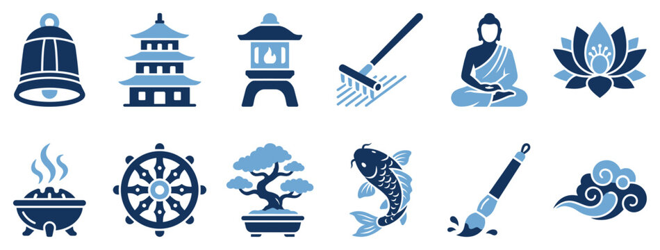 Asian culture icons set. Traditional oriental symbols concept. Includes temple bell, pagoda, stone lantern, zen rake, Buddha, lotus flower, incense burner, dharma wheel, bonsai tree, koi