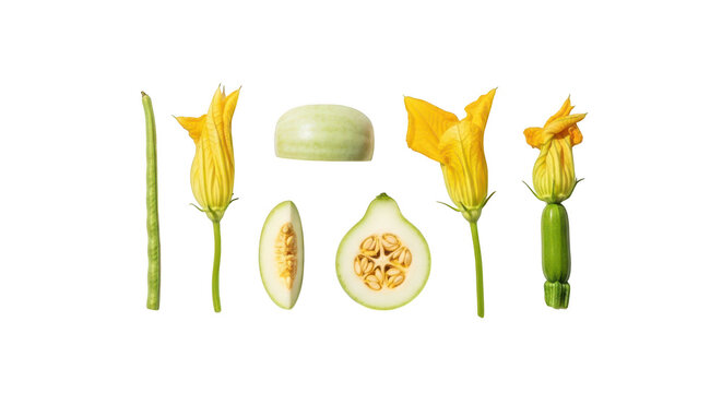 Fresh zucchini squash with yellow flowers and vegetable slices