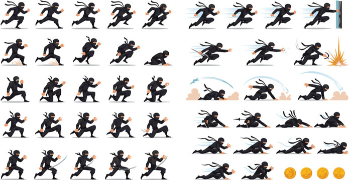 Ninja character sprite sheet vector set with running jumping sliding attacking and crawling animations for video game development