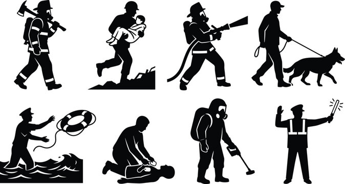 Silhouette set of emergency first responders and rescue operations icons