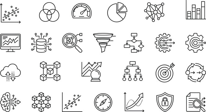 Data Analytics and Machine Learning Line Icon Set with Statistical Charts Network Infrastructure Business Intelligence Forecaster and System Security Symbols