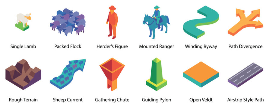 Herding and pathfinding icons set. Guiding and managing a group concept. Includes lamb, flock, herder, mounted ranger, winding path, diverging path, rough terrain, sheep current, gathering