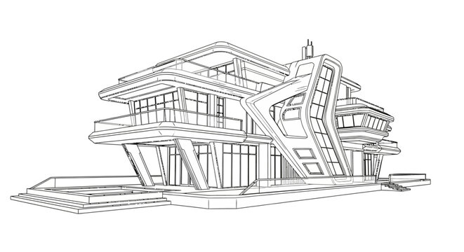 Modern Futuristic Luxury Villa Architecture Wireframe 3D Model Outline for Interior Design and Construction Planning