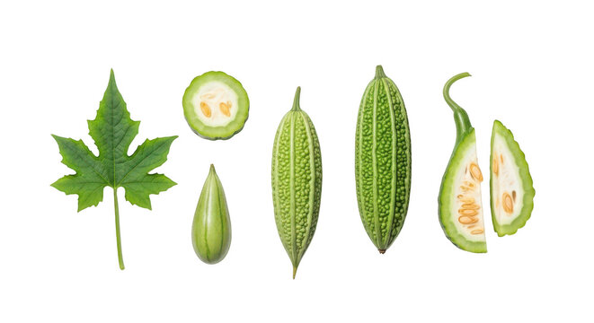 Fresh bitter melon vegetables and leaves set