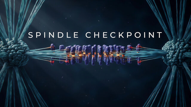 Spindle checkpoint mechanism in cell division with microtubules and kinetochores under microscope  scientific illustration