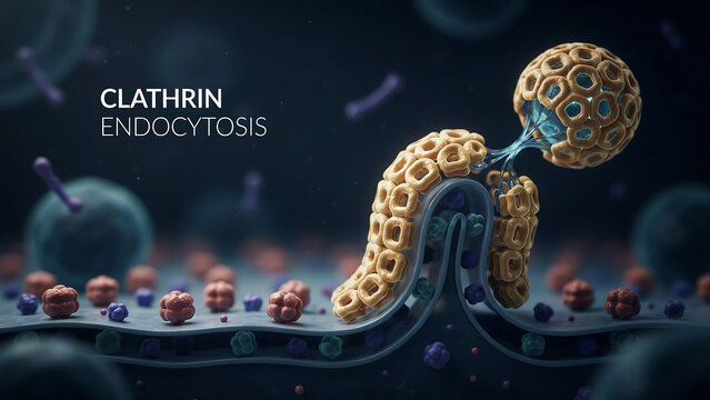 Clathrin endocytosis process with vesicles and molecules forming on cell membrane  cellular biology concept