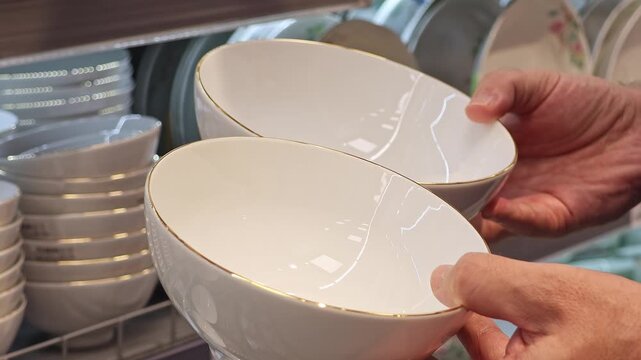 Man choosing white ceramic bowls in supermarket kitchenware department. Сustomer comparing tableware and household dishes while shopping in retail store.