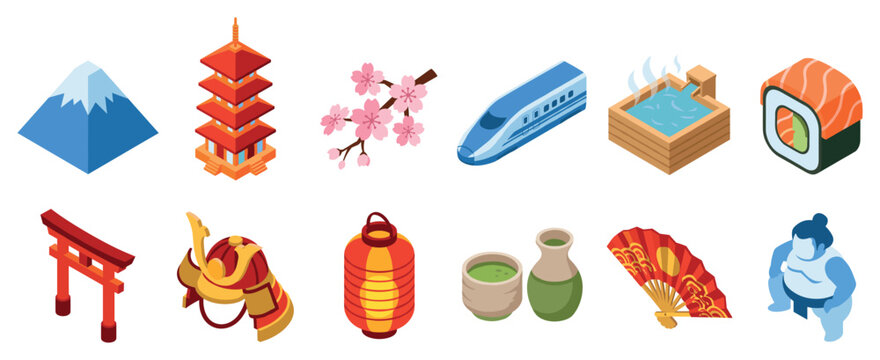 Japan culture icons set. Traditional Japanese symbols and elements concept. Includes Mount Fuji, pagoda, cherry blossom, bullet train, onsen, sushi, torii gate, samurai helmet, lantern, tea,