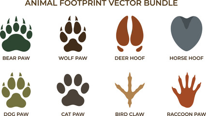 Fototapeta premium Animal footprint vector bundle featuring paw prints, hooves, and claws isolated on white background