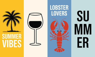 Fototapeta premium Minimalist summer lifestyle vector banners featuring palm trees, wine, and lobster celebrating coastal vibes in bright light.