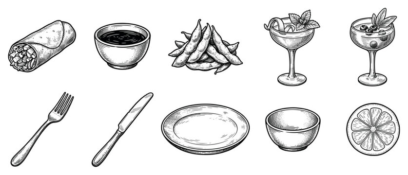 Food and drink icons set. Restaurant and dining concept. Includes spring roll, soy sauce, edamame, cocktail, dessert, fork, knife, plate, bowl, lemon. Hand-drawn doodle style