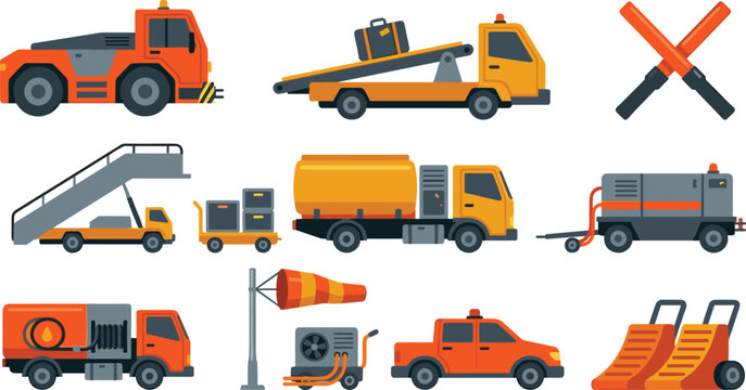 Art & IllustrationAirport ground support equipment vector icon set featuring pushback tug, baggage loader, fuel truck, and airfield service vehicles