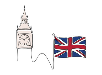 Fototapeta premium Continuous line united kingdom drawings. big ben clock tower, waving british national flag, union jack. for london tourism brochures, english travel posters. minimalist monoline vector art.