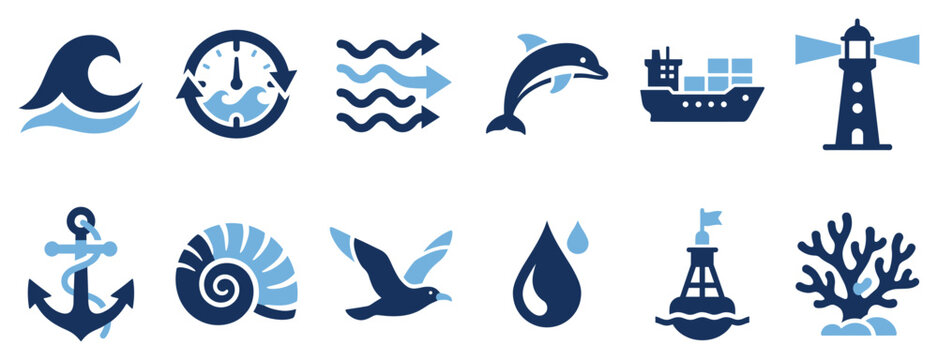 Ocean and sea icons set. Marine life and nautical navigation concept. Includes wave, tide clock, current, dolphin, cargo ship, lighthouse, anchor, seashell, seagull, water drop, buoy, coral