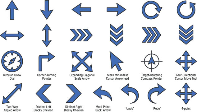 Navigation Arrow Icon Set with Directional Pointers, Cursor Symbols, Rotation Signs and Interface Movement Indicators Vector Collection