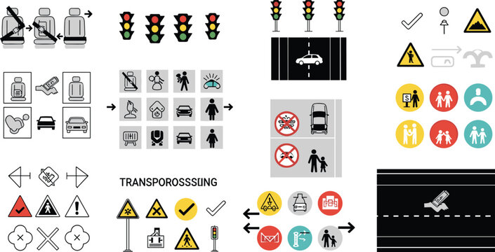 Traffic road safety vector icons set with traffic lights seatbelt instructions pedestrian signs driving regulations and transport symbols infographic elements