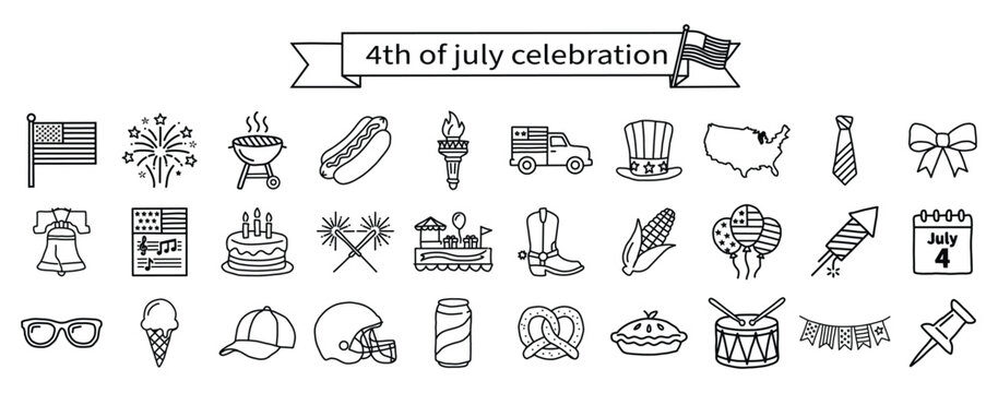 July 4th celebration outline icons. bbq grill, hot dog, cake, pretzel, popcorn, cowboy boots. for patriotic picnic invites, national holiday social media banners. thin line vector graphics.