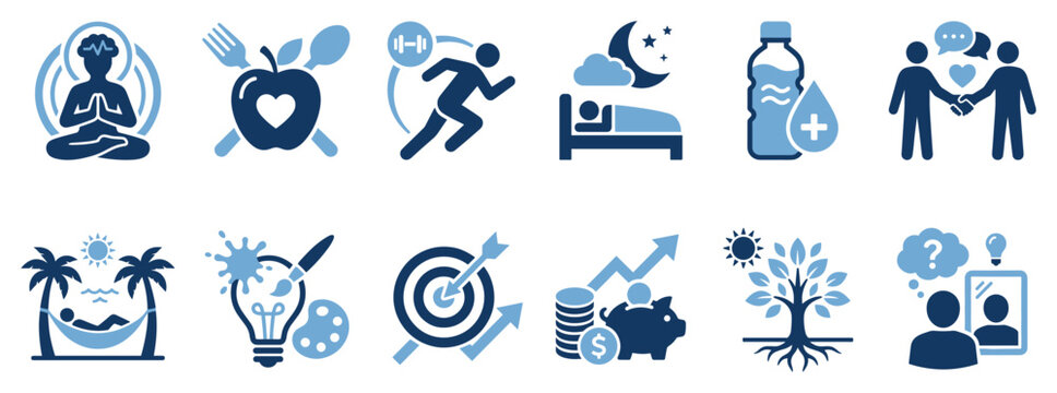 Wellness and lifestyle icons set. Healthy living and self-improvement concept. Includes meditation, healthy food, exercise, sleep, hydration, social connection, relaxation, creativity, goal
