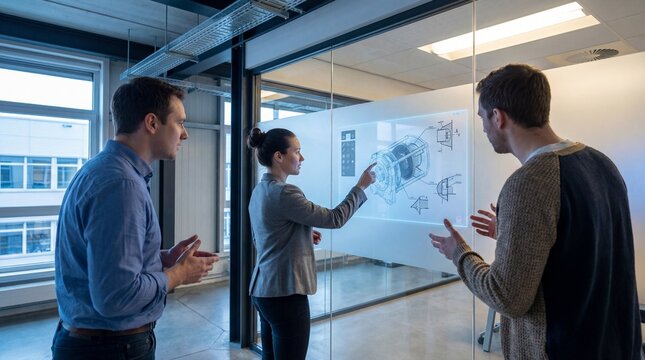 Business team collaborating on engineering diagram in modern office using interactive whiteboard for product development