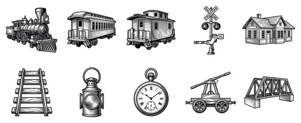Obraz premium Railway icons set. Vintage train and railroad transportation concept. Includes locomotive, passenger car, caboose, crossing sign, station, tracks, lantern, pocket watch, handcar, bridge