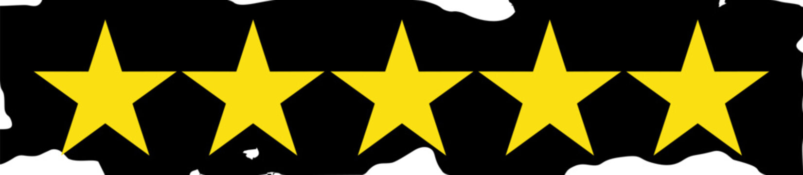 Five Star Rating Review Banner with Grunge Black Background and Gold Stars Quality Badge Design