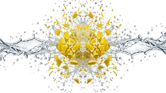 Exploding lemon fruit with water splash, fresh citrus pieces bursting in liquid spray, dynamic yellow fruit explosion for beverage advertising isolated PNG with Transparent Background